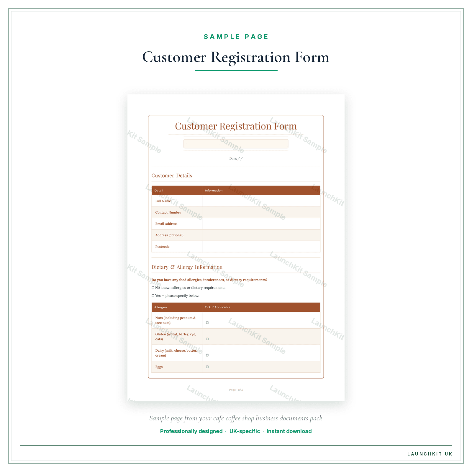 Customer Registration Form sample page from the Cafe Coffee Shop Business Documents — Essential pack — watermarked LaunchKit Sample