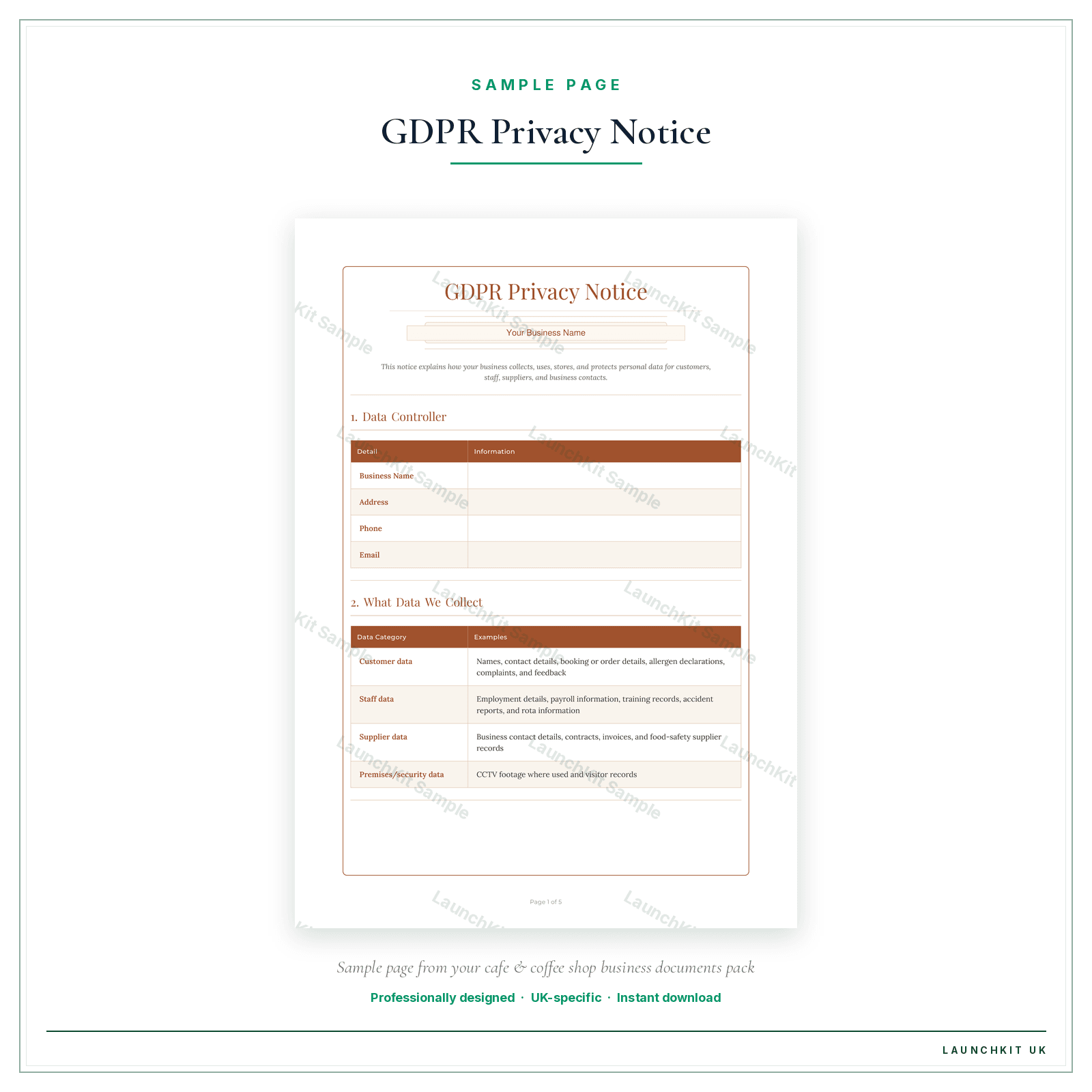 Tel: |-------------|---------------|---------| 4. Data Retention Periods sample page from the Cafe Coffee Shop Business Documents — Standard pack — watermarked LaunchKit Sample