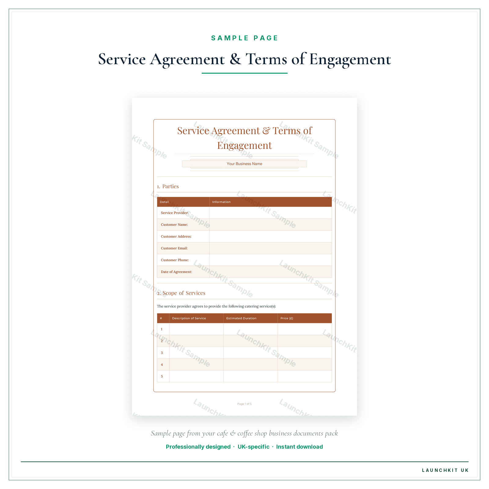Service Agreement & Terms of Engagement sample page from the Cafe Coffee Shop Business Documents — Standard pack — watermarked LaunchKit Sample