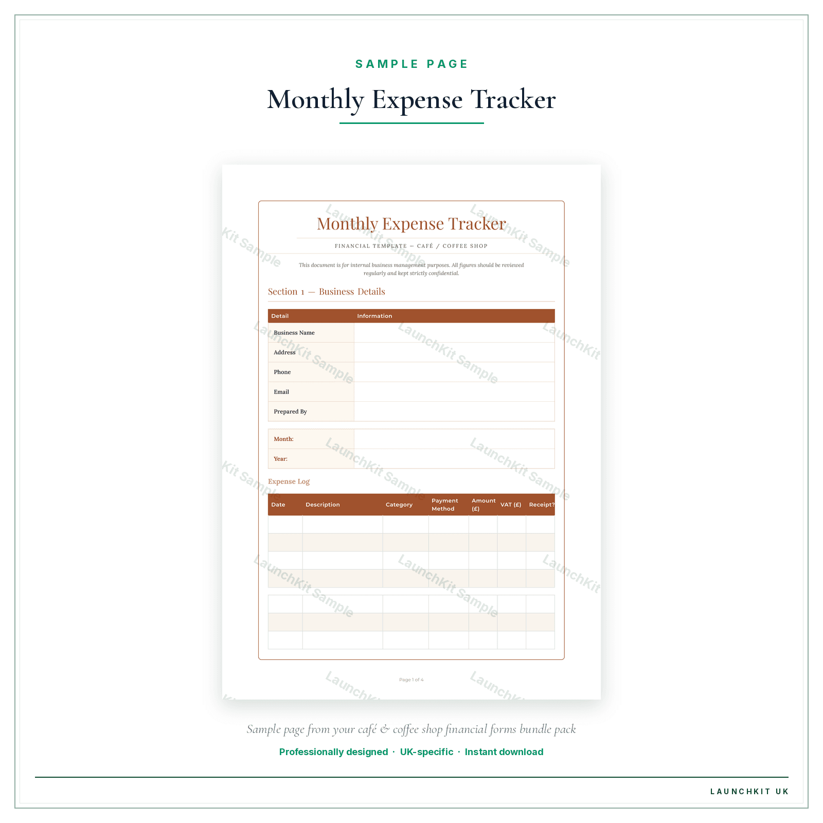 Monthly Expense Tracker sample page from the Cafe Coffee Shop Financial Forms Bundle — Premium pack — watermarked LaunchKit Sample