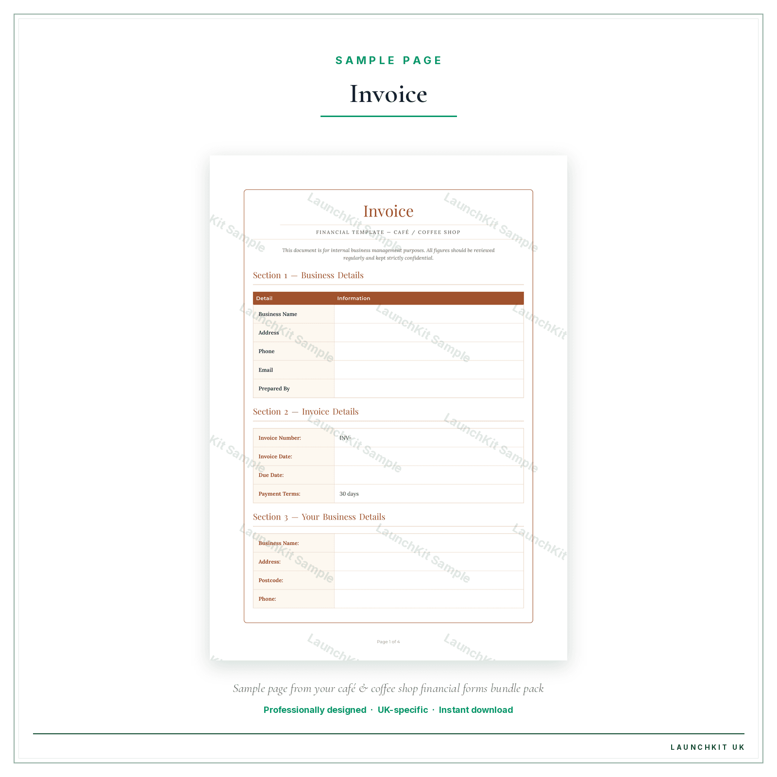 Invoice sample page from the Cafe Coffee Shop Financial Forms Bundle — Premium pack — watermarked LaunchKit Sample