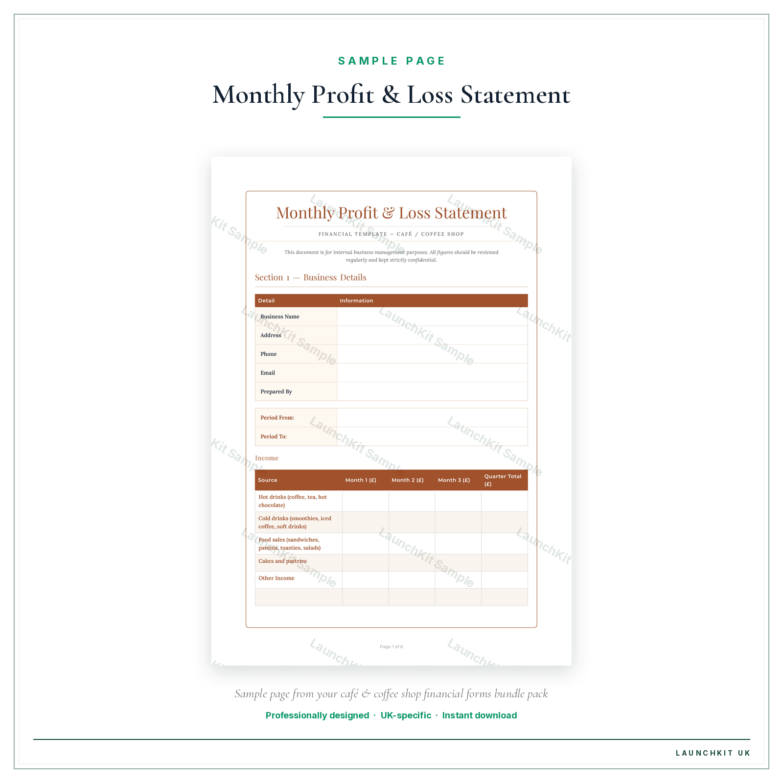 Monthly Profit & Loss Statement sample page from the Cafe Coffee Shop Financial Forms Bundle — Premium pack — watermarked LaunchKit Sample