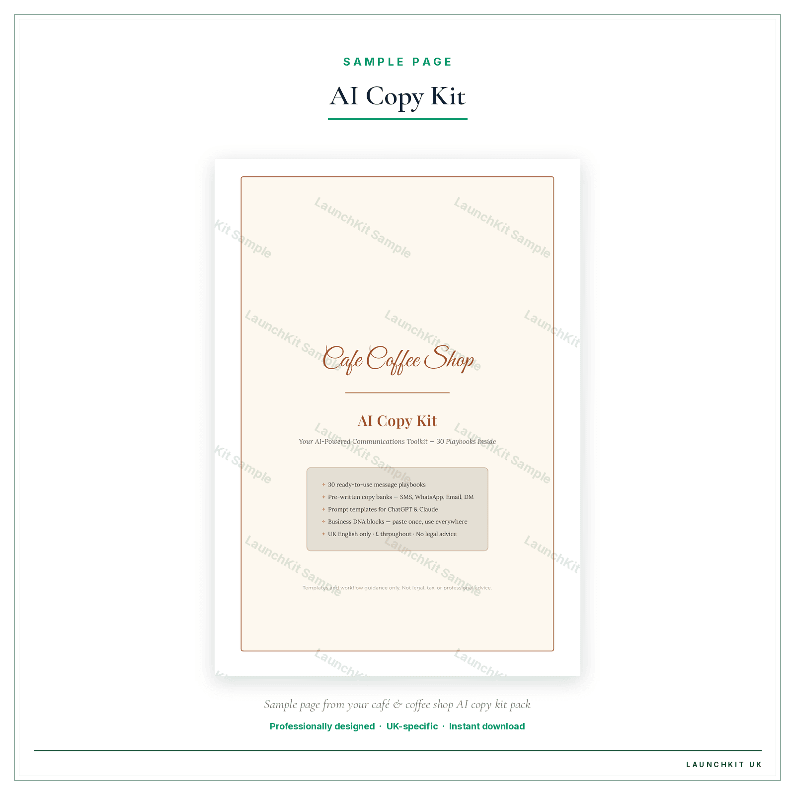 AI Copy Kit sample page from the Cafe Coffee Shop AI Copy Kit pack — watermarked LaunchKit Sample