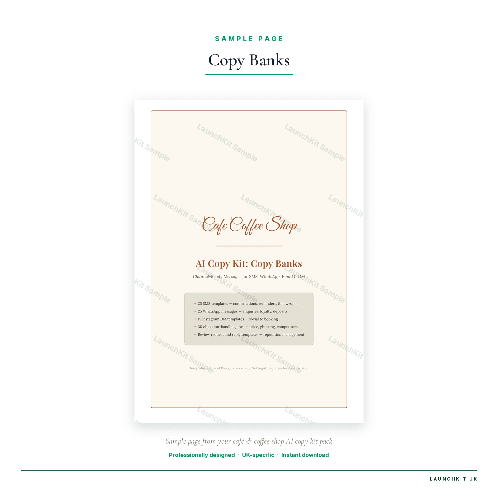 Copy Banks sample page from the Cafe Coffee Shop AI Copy Kit pack — watermarked LaunchKit Sample