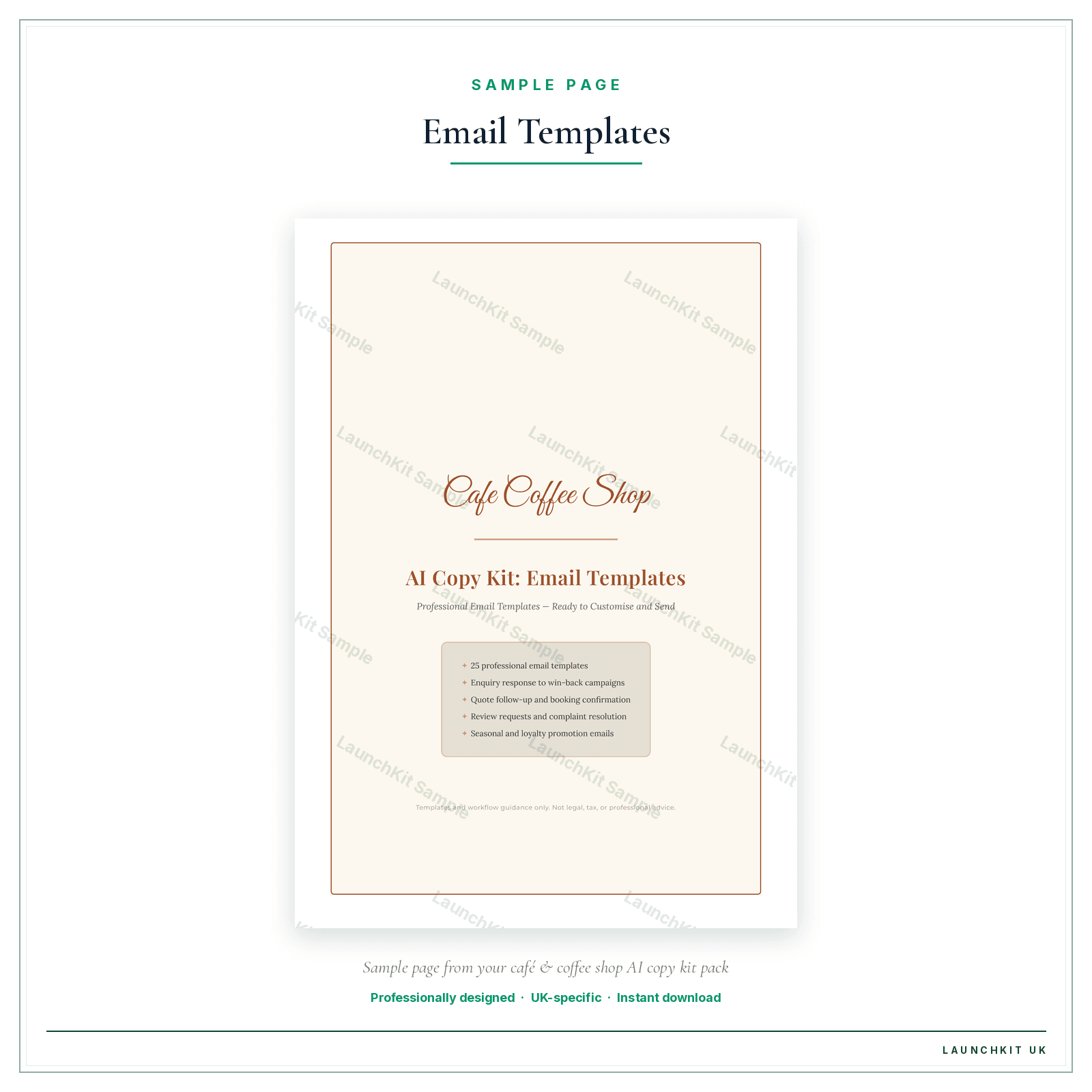 Email Templates sample page from the Cafe Coffee Shop AI Copy Kit pack — watermarked LaunchKit Sample
