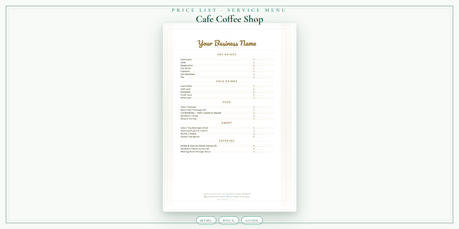 Cafe Coffee Shop — Price List & Service Menu, PDF product overview