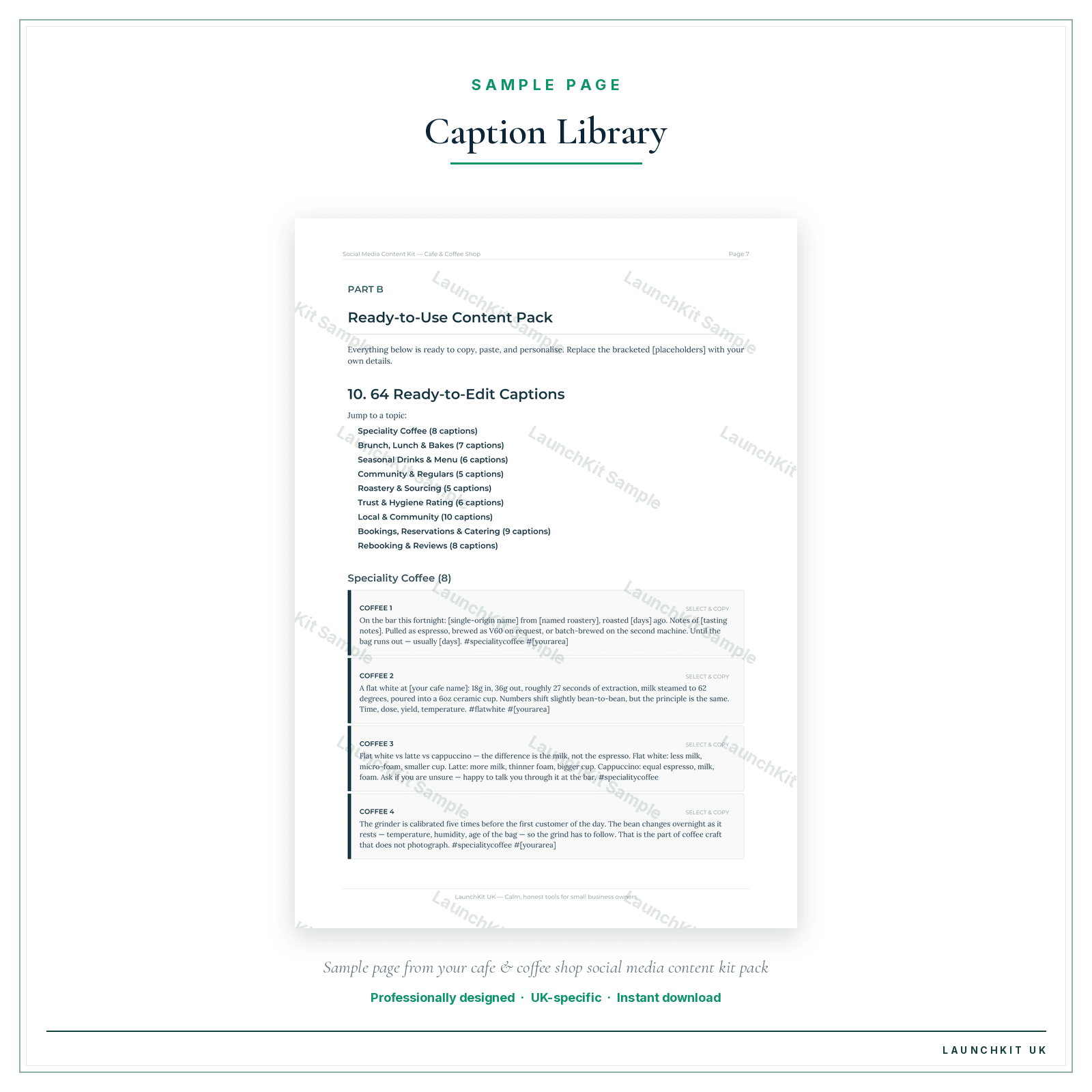 Caption Library sample page from the Cafe Coffee Shop Social Media Content Kit pack — watermarked LaunchKit Sample