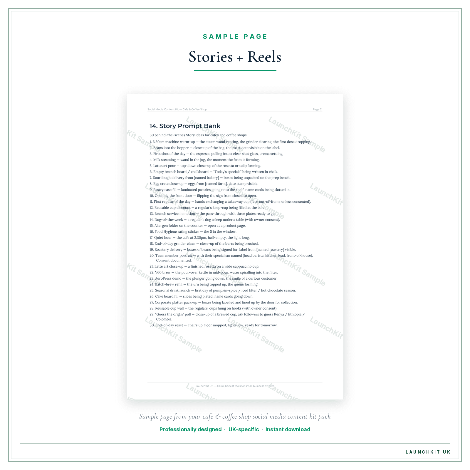 Stories + Reels sample page from the Cafe Coffee Shop Social Media Content Kit pack — watermarked LaunchKit Sample