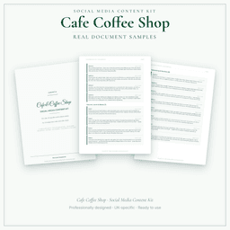 Cafe Coffee Shop — Social Media Content Kit, PDF and editable DOCX sample pages