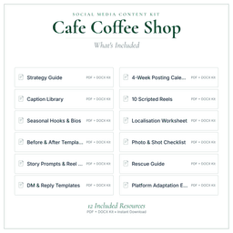 Cafe Coffee Shop — Social Media Content Kit, PDF and editable DOCX what's included preview