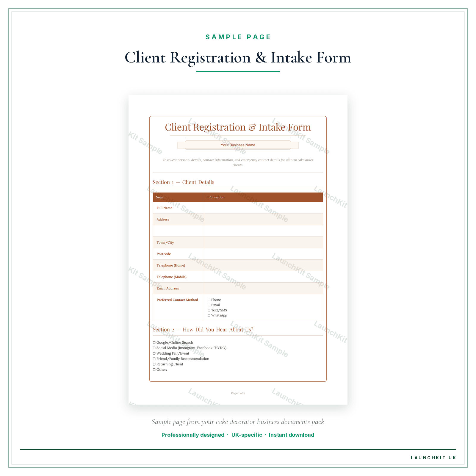 Client Registration & Intake Form sample page from the Cake Decorator Business Documents — Premium pack — watermarked LaunchKit Sample