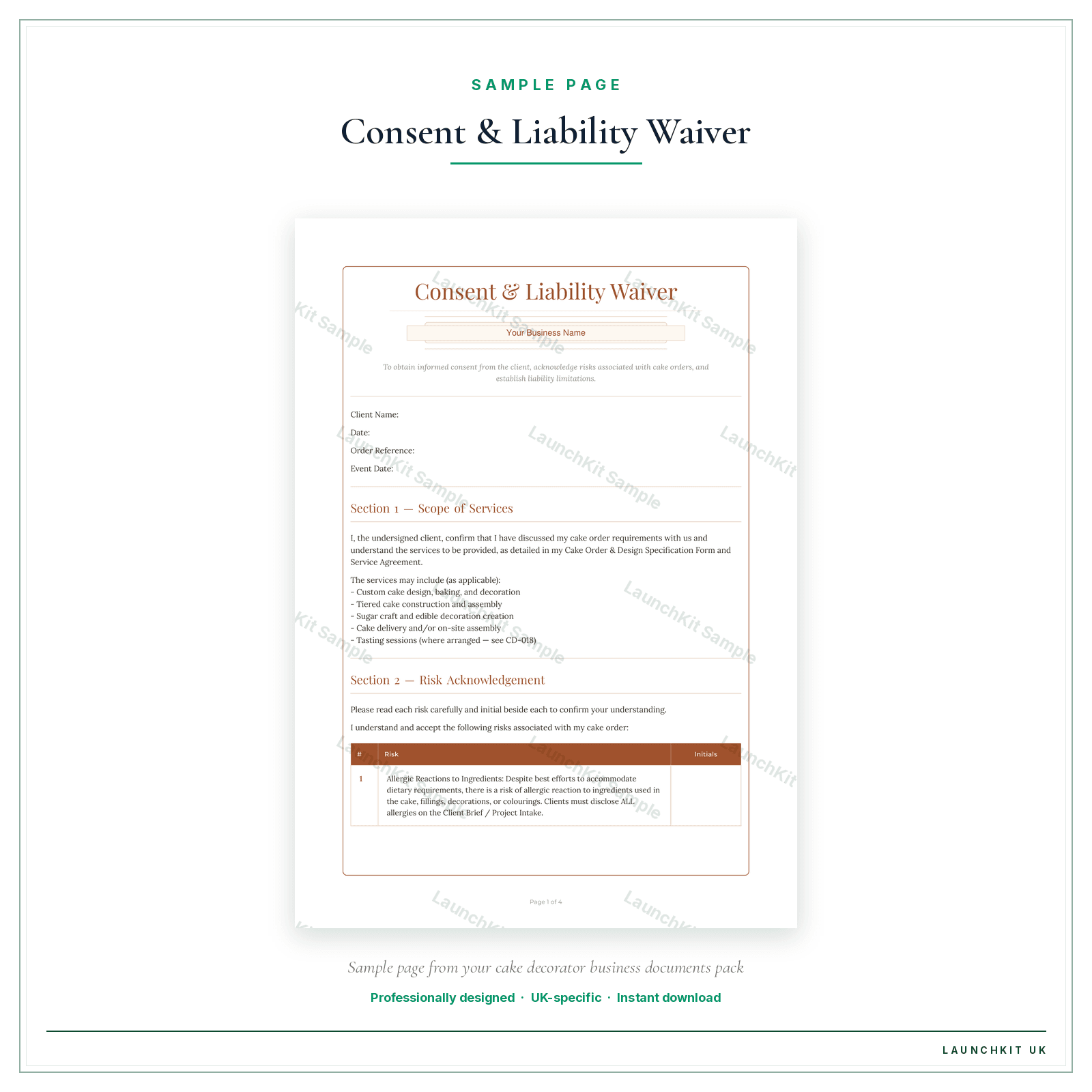 Consent & Liability Waiver sample page from the Cake Decorator Business Documents — Premium pack — watermarked LaunchKit Sample