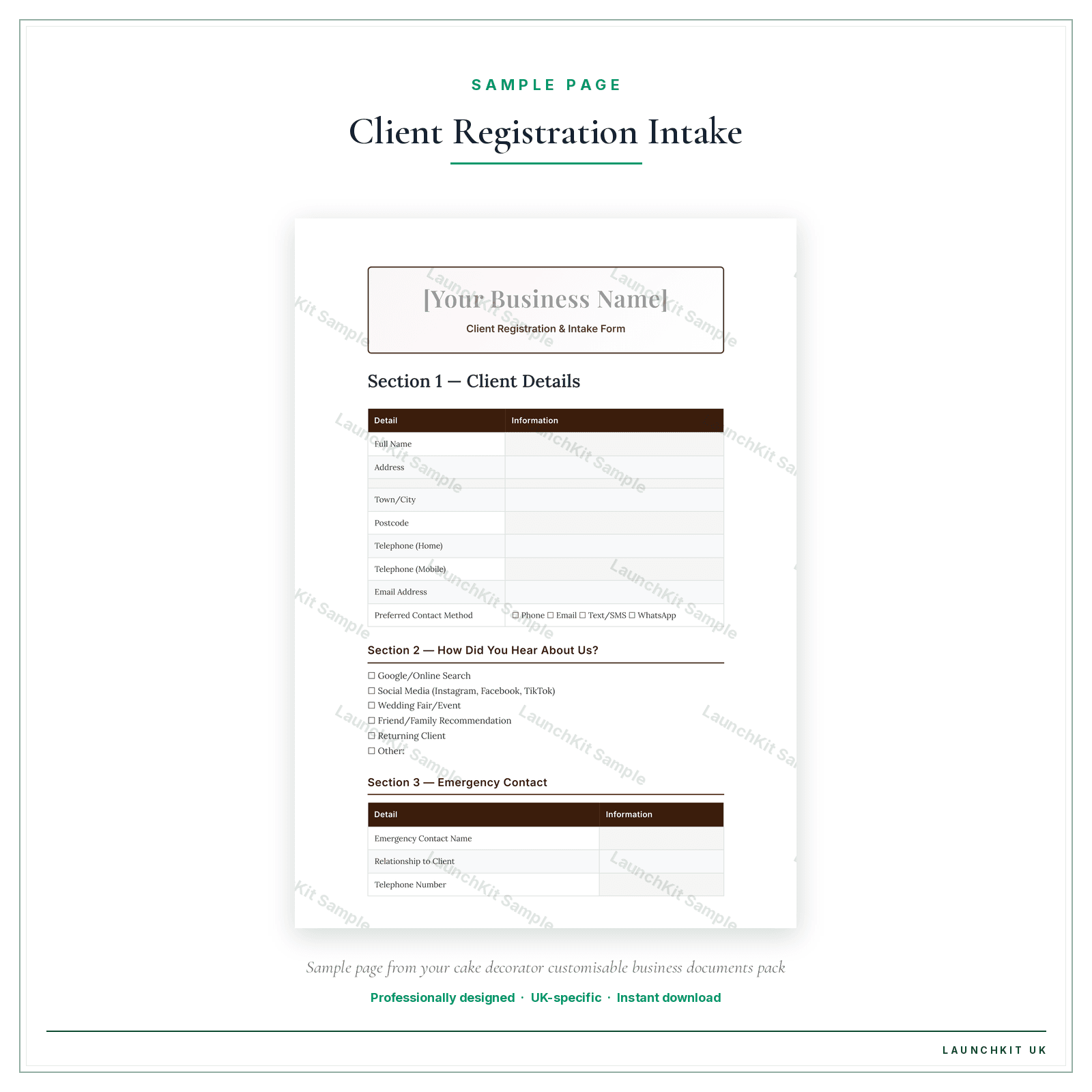 Client Registration & Intake Form sample page from the Cake Decorator Business Documents — Customisable pack — watermarked LaunchKit Sample