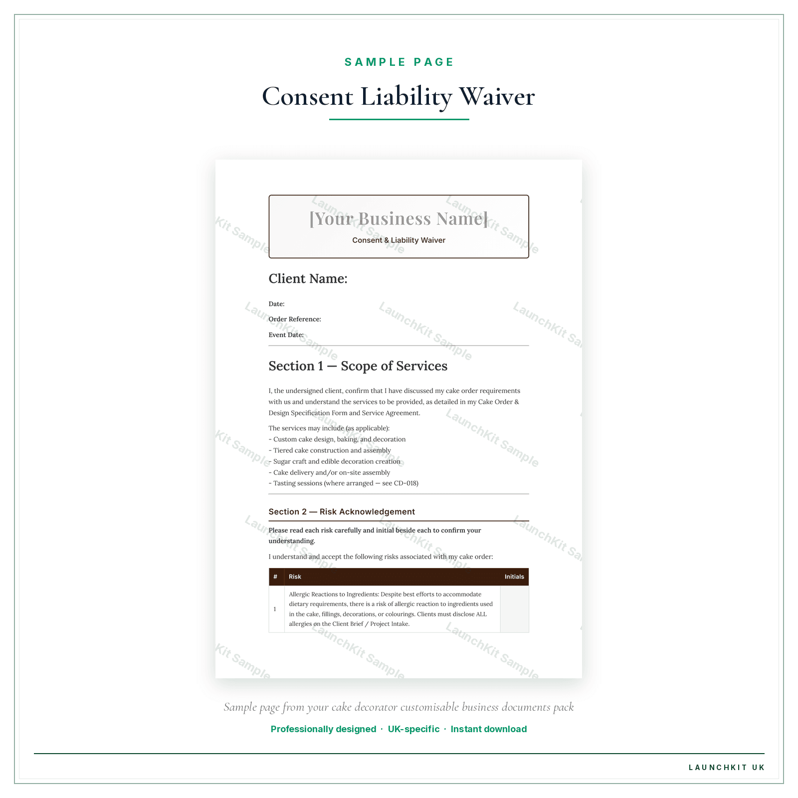 Consent & Liability Waiver sample page from the Cake Decorator Business Documents — Customisable pack — watermarked LaunchKit Sample