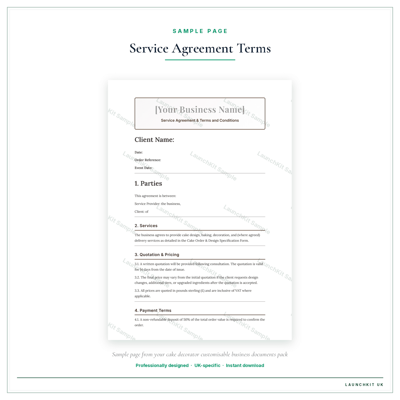 Service Agreement & Terms and Conditions sample page from the Cake Decorator Business Documents — Customisable pack — watermarked LaunchKit Sample