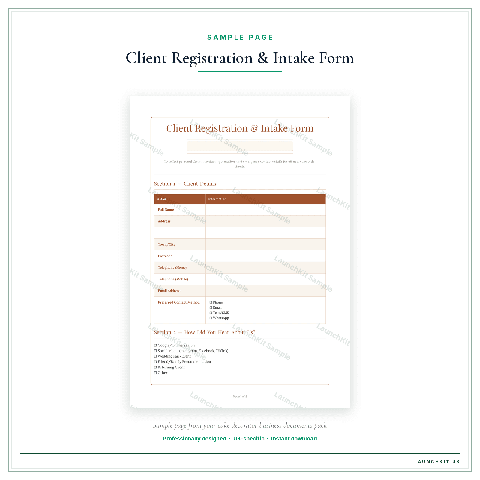Client Registration & Intake Form sample page from the Cake Decorator Business Documents — Essential pack — watermarked LaunchKit Sample