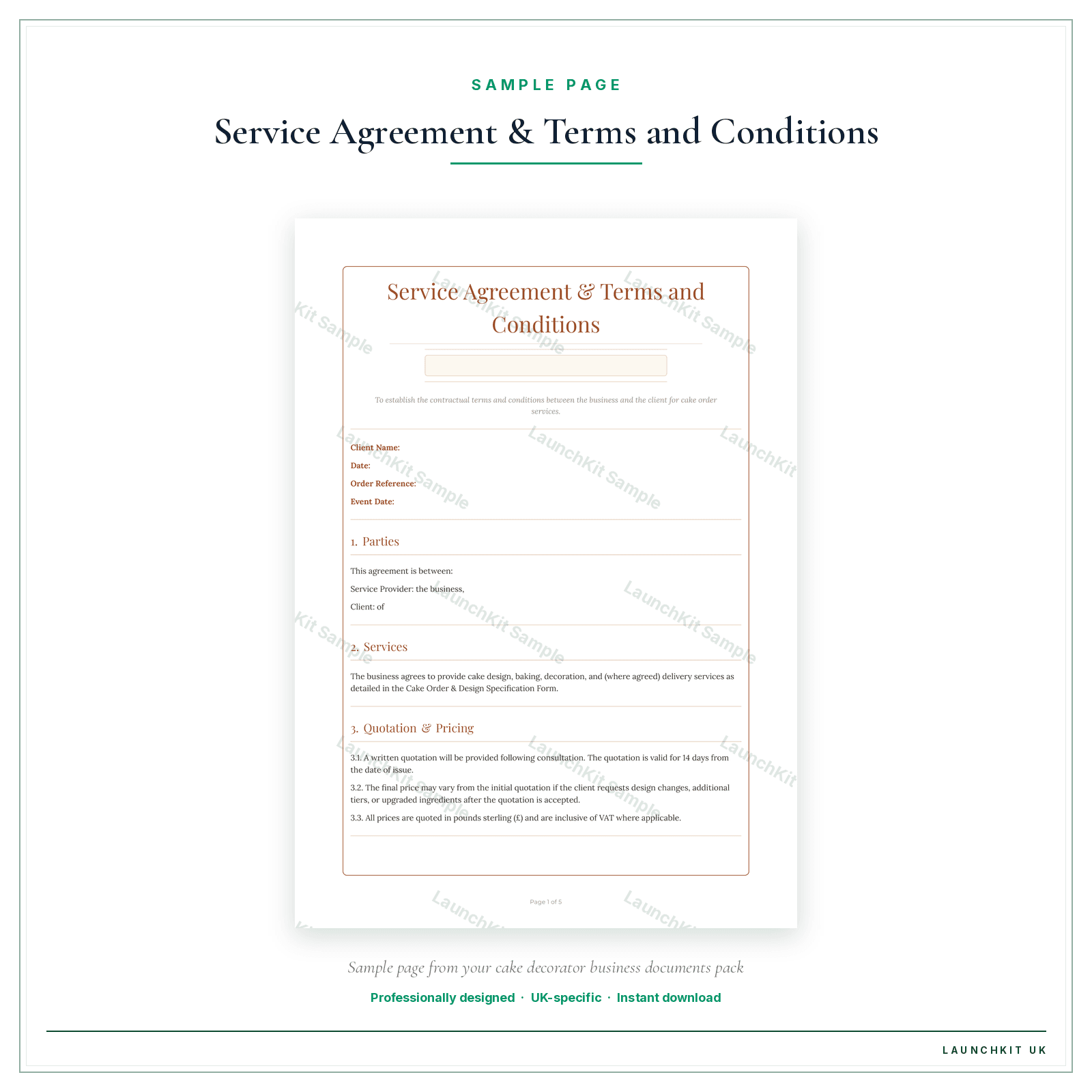 Service Agreement & Terms and Conditions sample page from the Cake Decorator Business Documents — Essential pack — watermarked LaunchKit Sample
