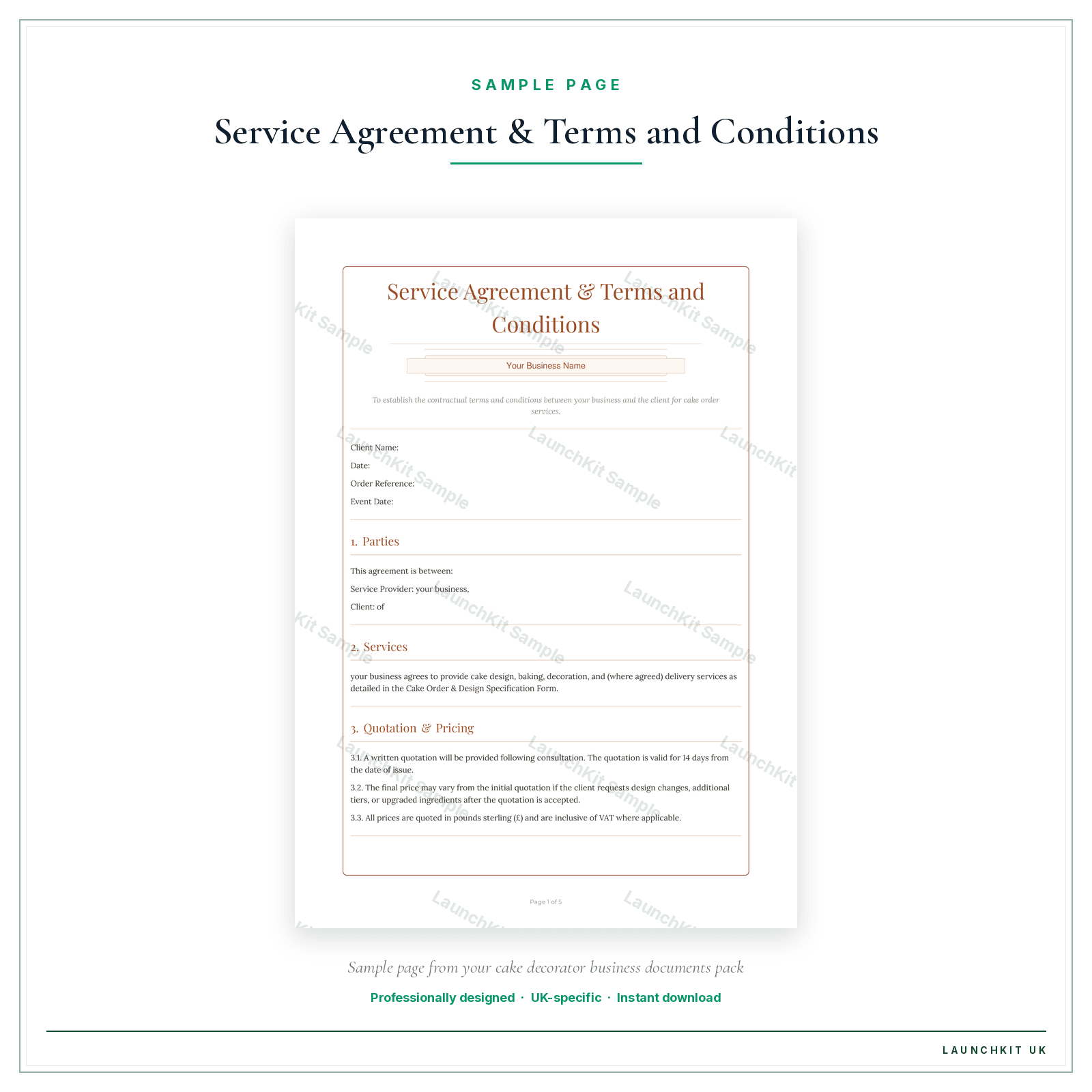 Service Agreement & Terms and Conditions sample page from the Cake Decorator Business Documents — Standard pack — watermarked LaunchKit Sample