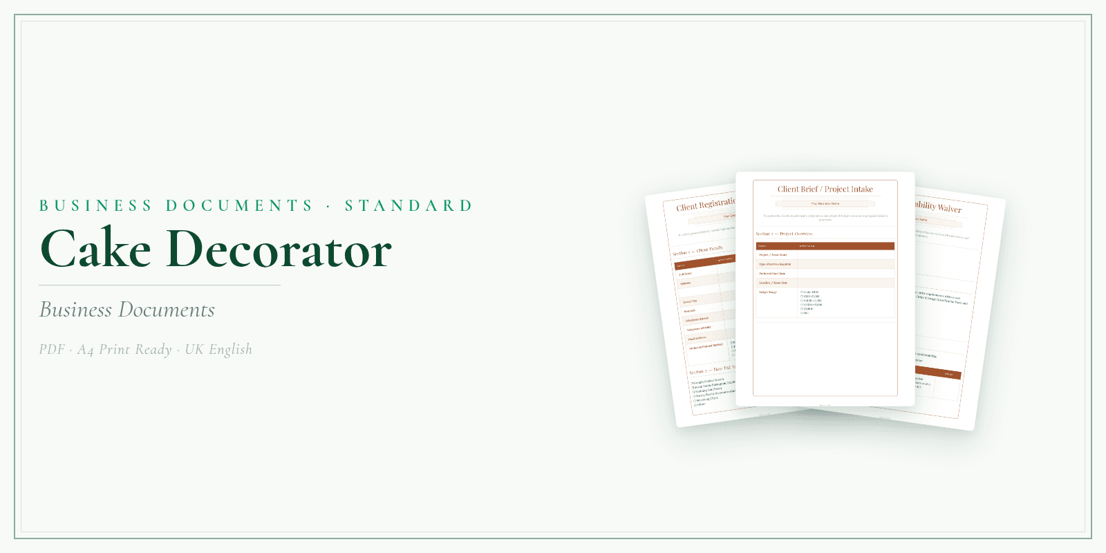 Cake Decorator — Business Documents — Standard, PDF with fillable header product overview