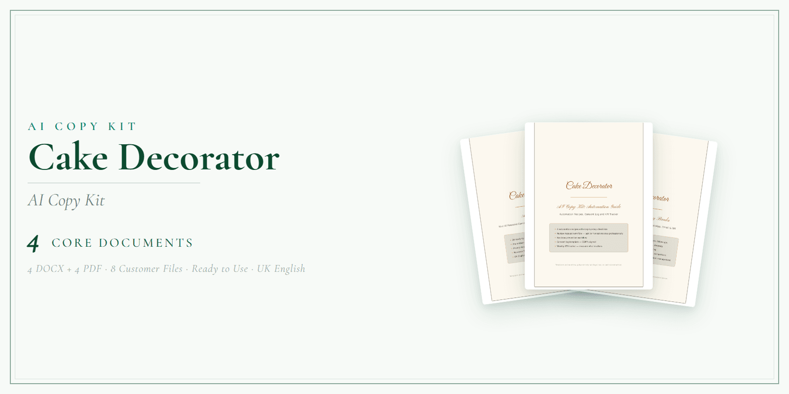 Cake Decorator — AI Copy Kit, PDF and editable DOCX product overview