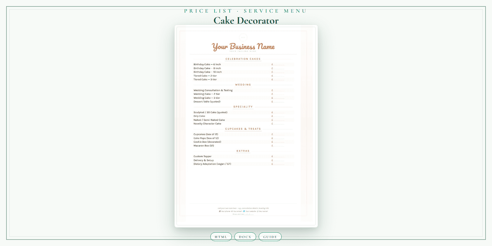 Cake Decorator — Price List & Service Menu, PDF product overview