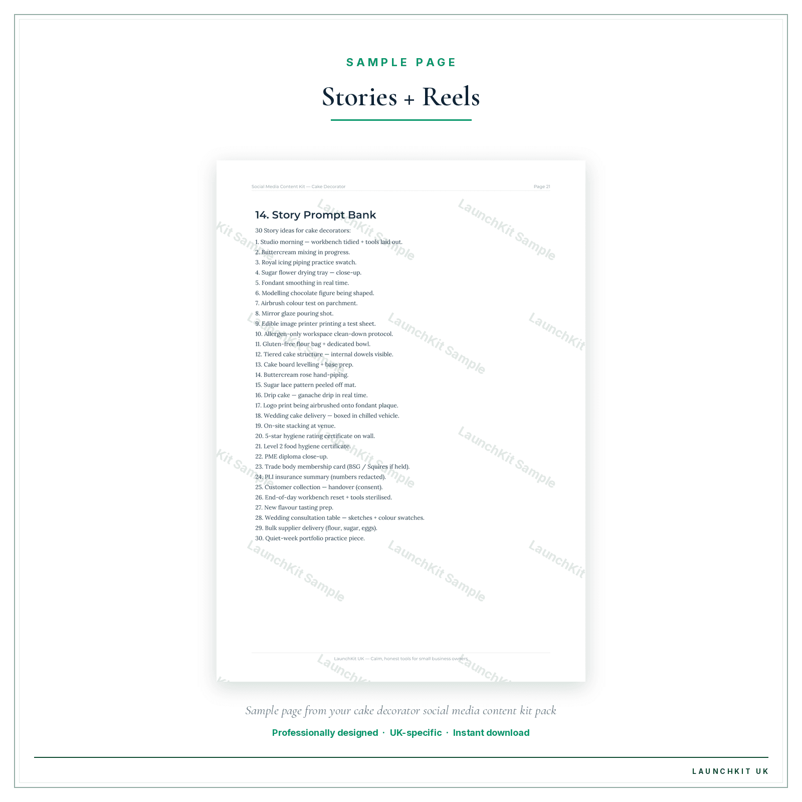 Stories + Reels sample page from the Cake Decorator Social Media Content Kit pack — watermarked LaunchKit Sample