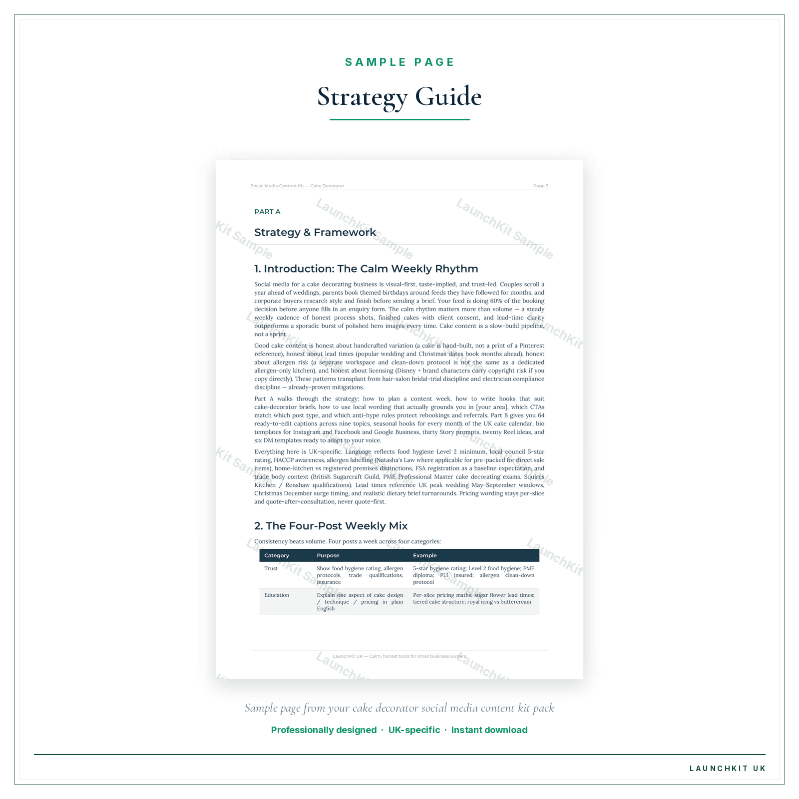 Strategy Guide sample page from the Cake Decorator Social Media Content Kit pack — watermarked LaunchKit Sample