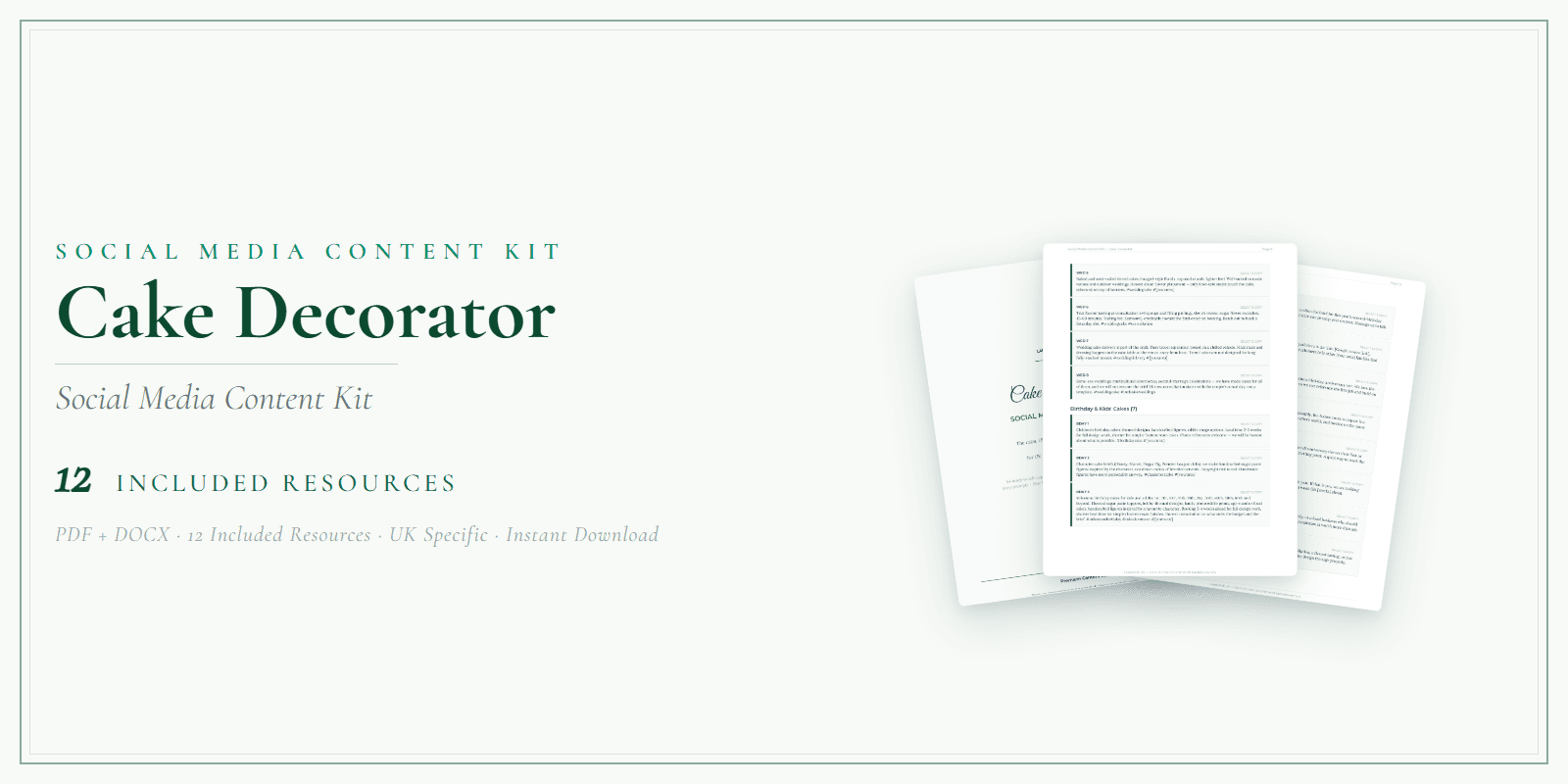 Cake Decorator — Social Media Content Kit, PDF and editable DOCX product overview