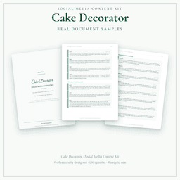 Cake Decorator — Social Media Content Kit, PDF and editable DOCX sample pages