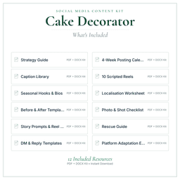 Cake Decorator — Social Media Content Kit, PDF and editable DOCX what's included preview