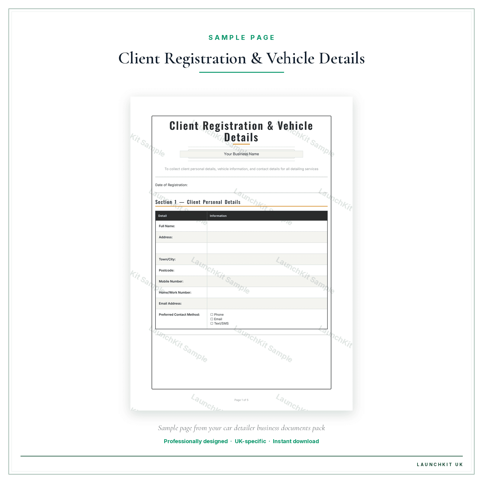 Client Registration & Vehicle Details sample page from the Car Detailer Business Documents — Premium pack — watermarked LaunchKit Sample
