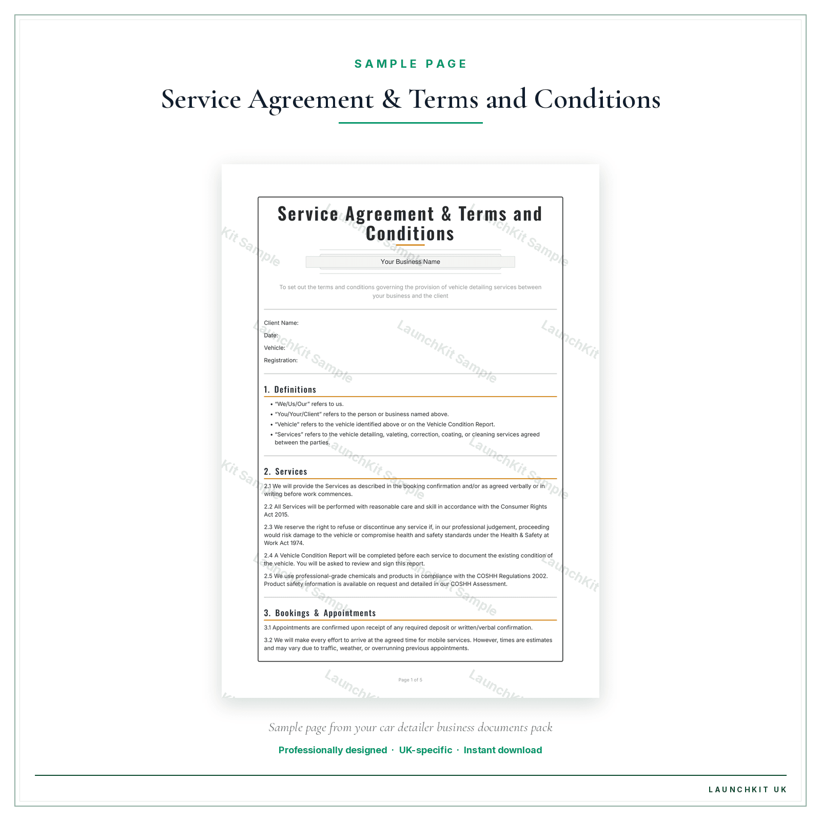 Service Agreement & Terms and Conditions sample page from the Car Detailer Business Documents — Premium pack — watermarked LaunchKit Sample