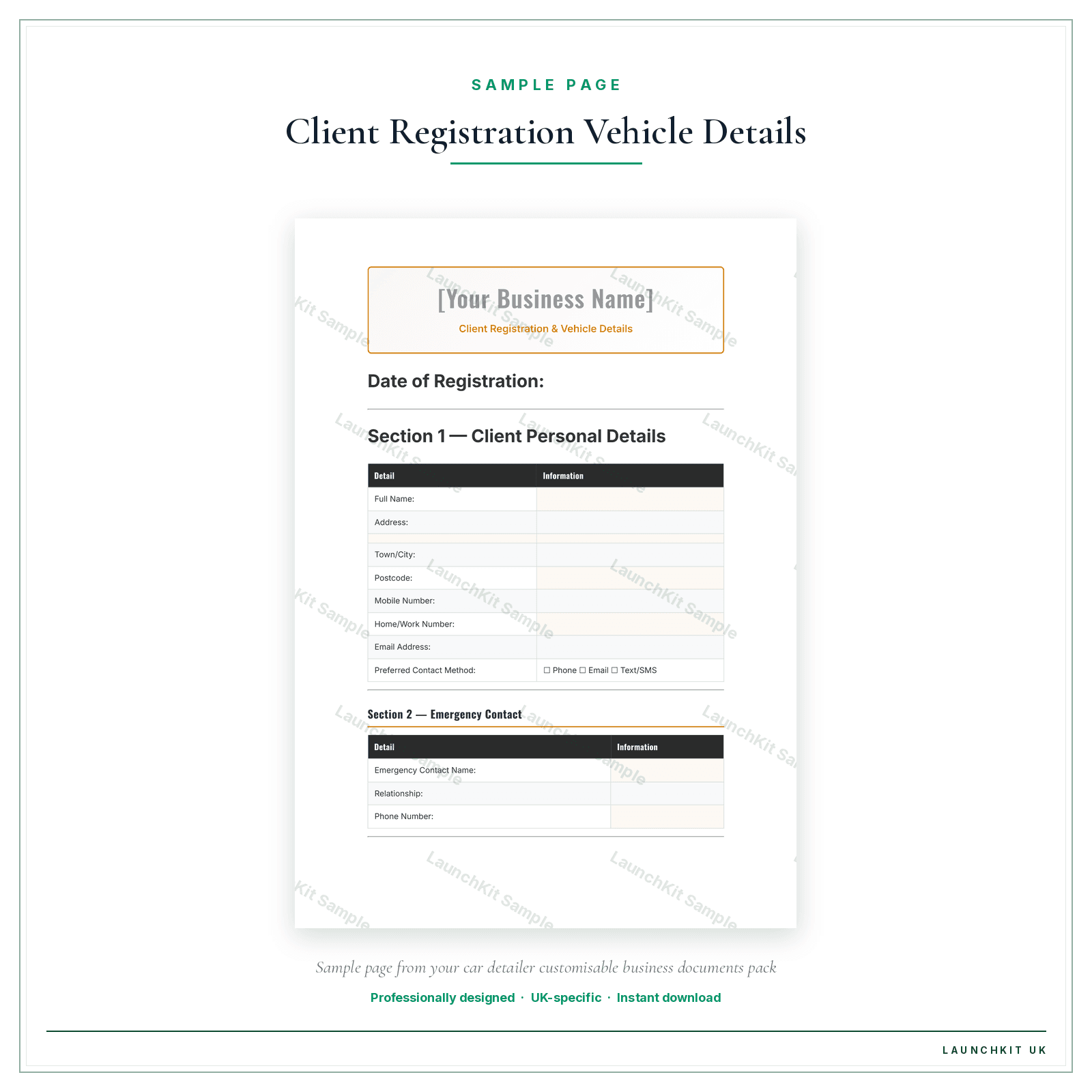 Client Registration & Vehicle Details sample page from the Car Detailer Business Documents — Customisable pack — watermarked LaunchKit Sample