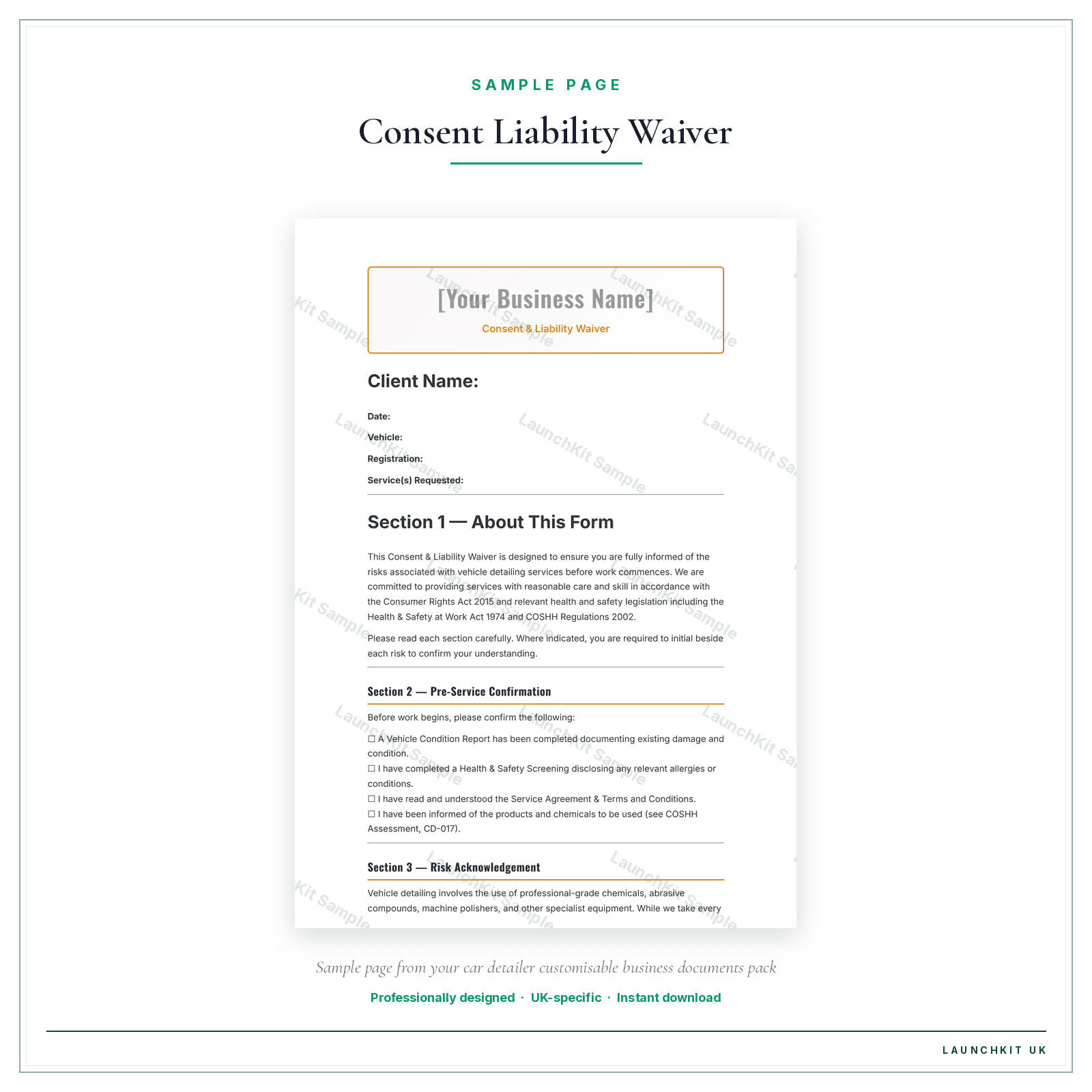 Consent & Liability Waiver sample page from the Car Detailer Business Documents — Customisable pack — watermarked LaunchKit Sample