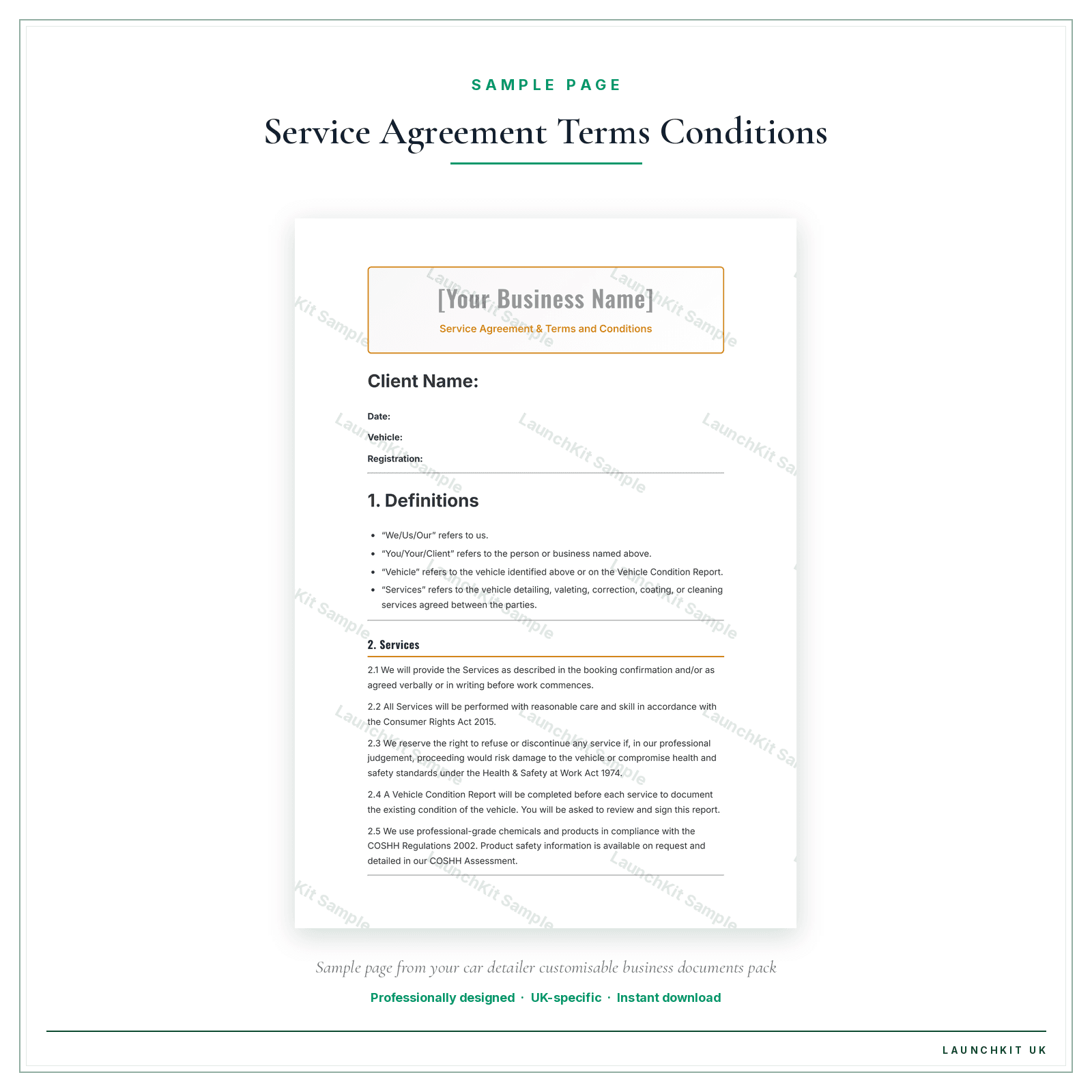 Service Agreement & Terms and Conditions sample page from the Car Detailer Business Documents — Customisable pack — watermarked LaunchKit Sample