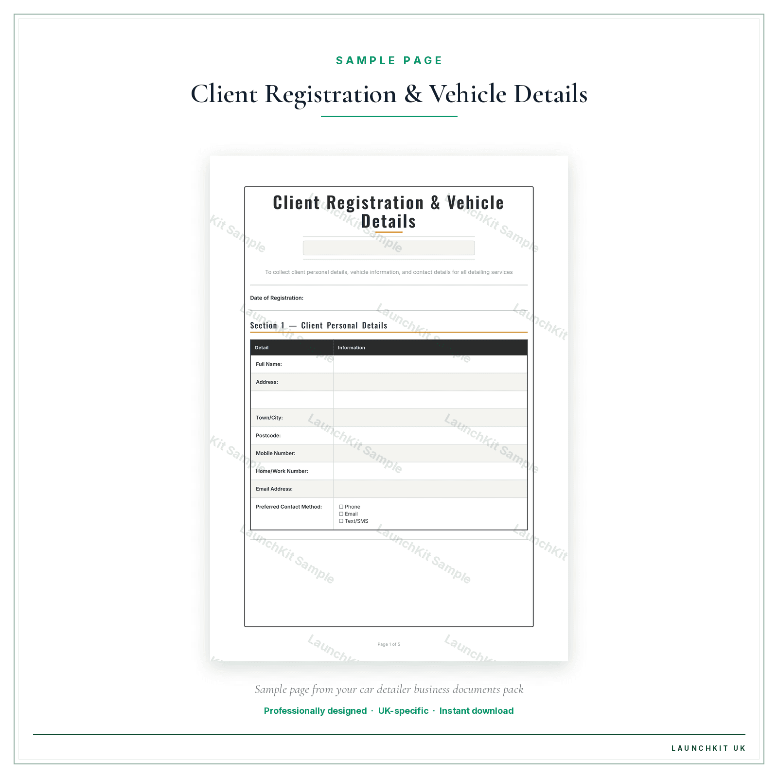 Client Registration & Vehicle Details sample page from the Car Detailer Business Documents — Essential pack — watermarked LaunchKit Sample