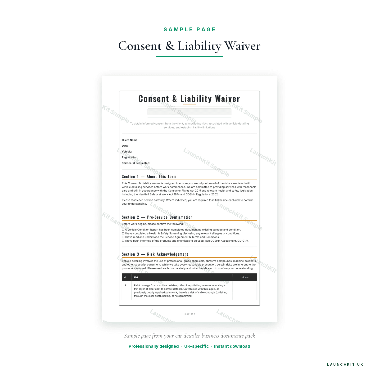 Consent & Liability Waiver sample page from the Car Detailer Business Documents — Essential pack — watermarked LaunchKit Sample