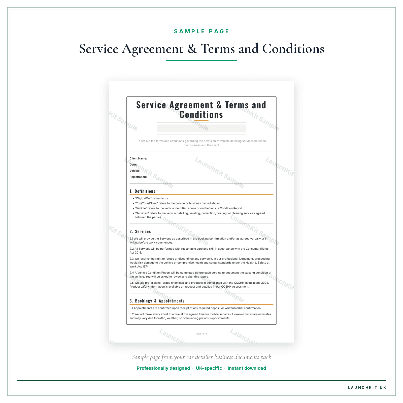 Service Agreement & Terms and Conditions sample page from the Car Detailer Business Documents — Essential pack — watermarked LaunchKit Sample