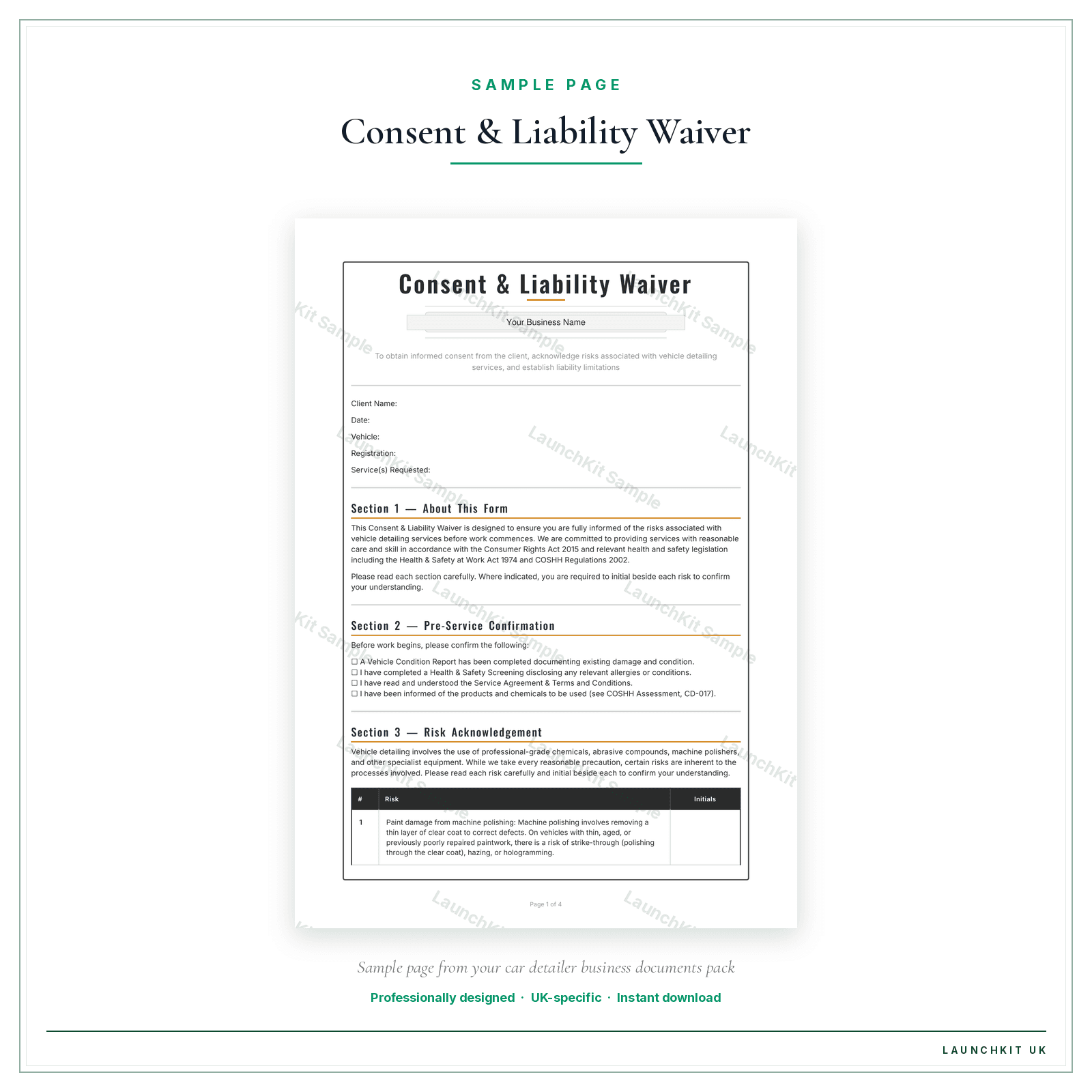 Consent & Liability Waiver sample page from the Car Detailer Business Documents — Standard pack — watermarked LaunchKit Sample