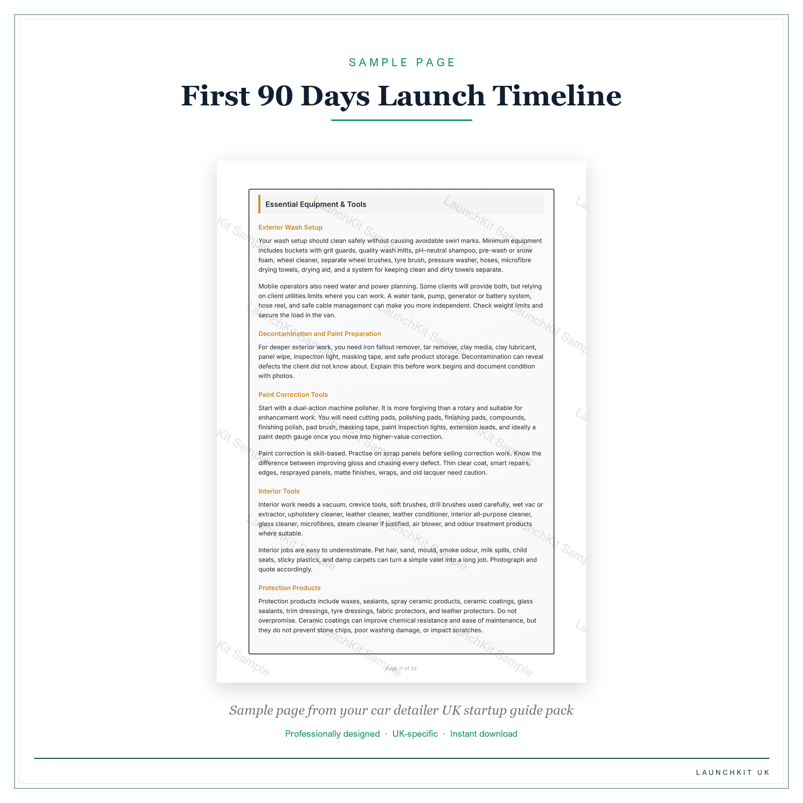 First 90 Days Launch Timeline sample page from the Car Detailer Startup Guide pack — watermarked LaunchKit Sample