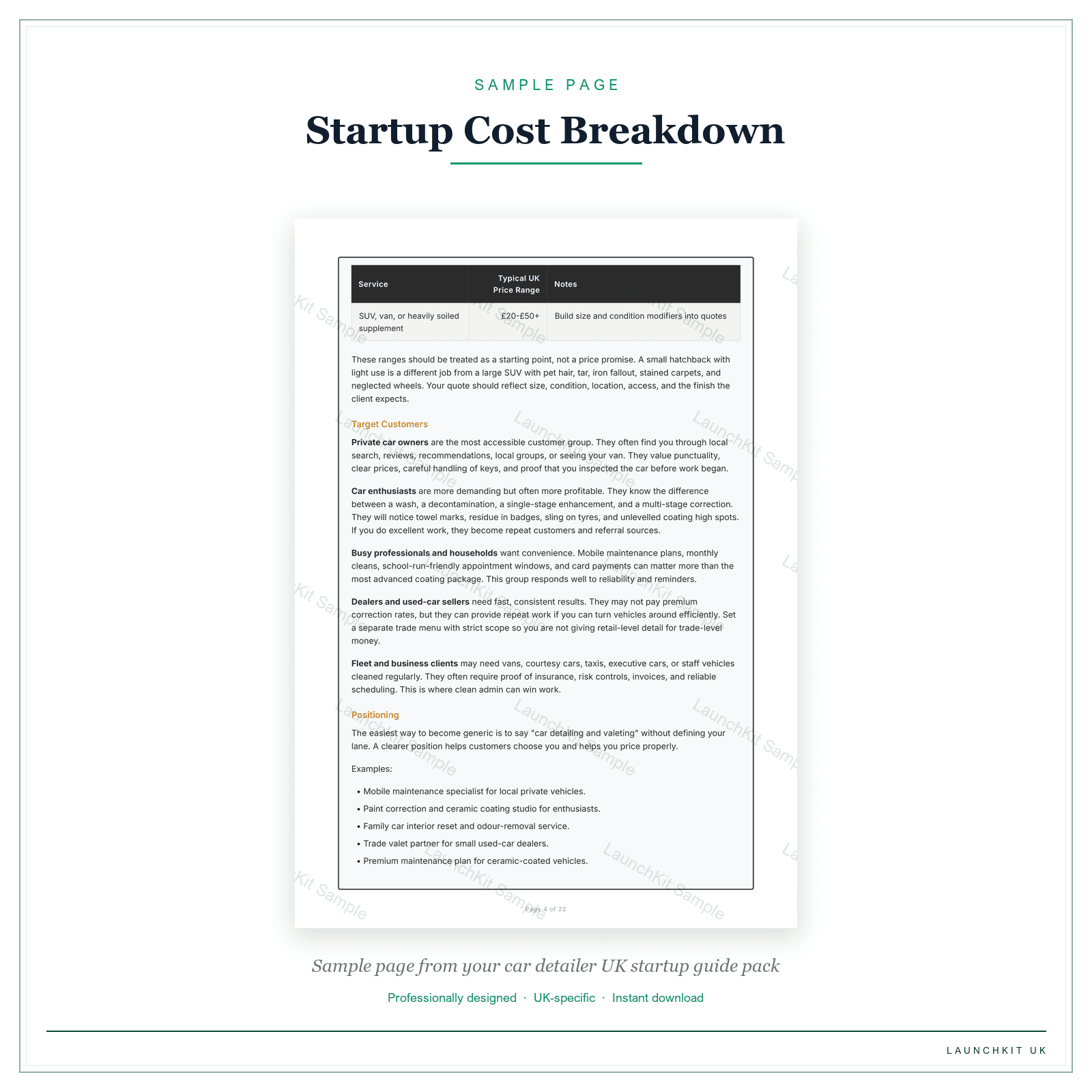 Startup Cost Breakdown sample page from the Car Detailer Startup Guide pack — watermarked LaunchKit Sample