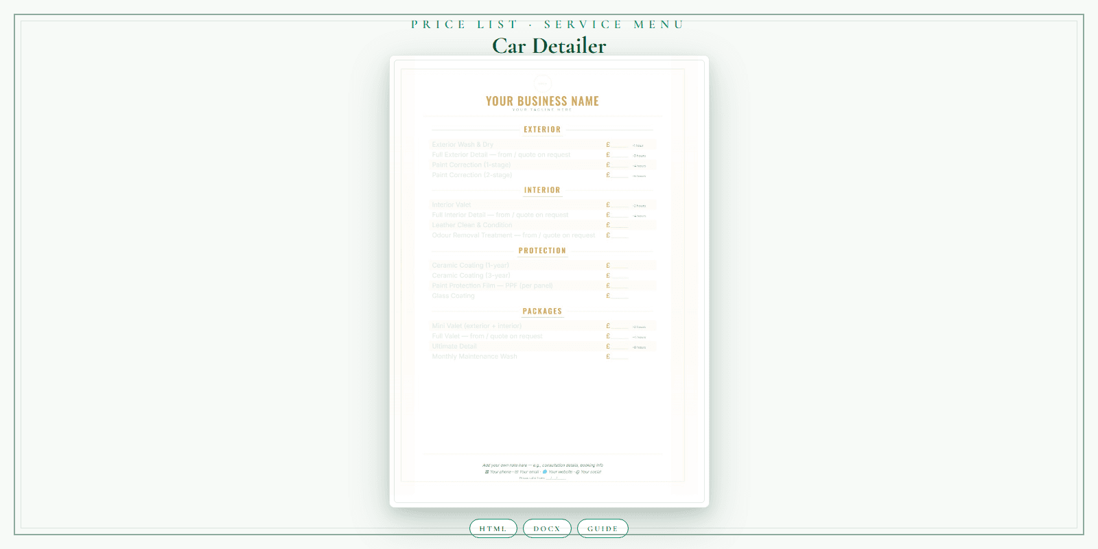 Car Detailer — Price List & Service Menu, PDF product overview