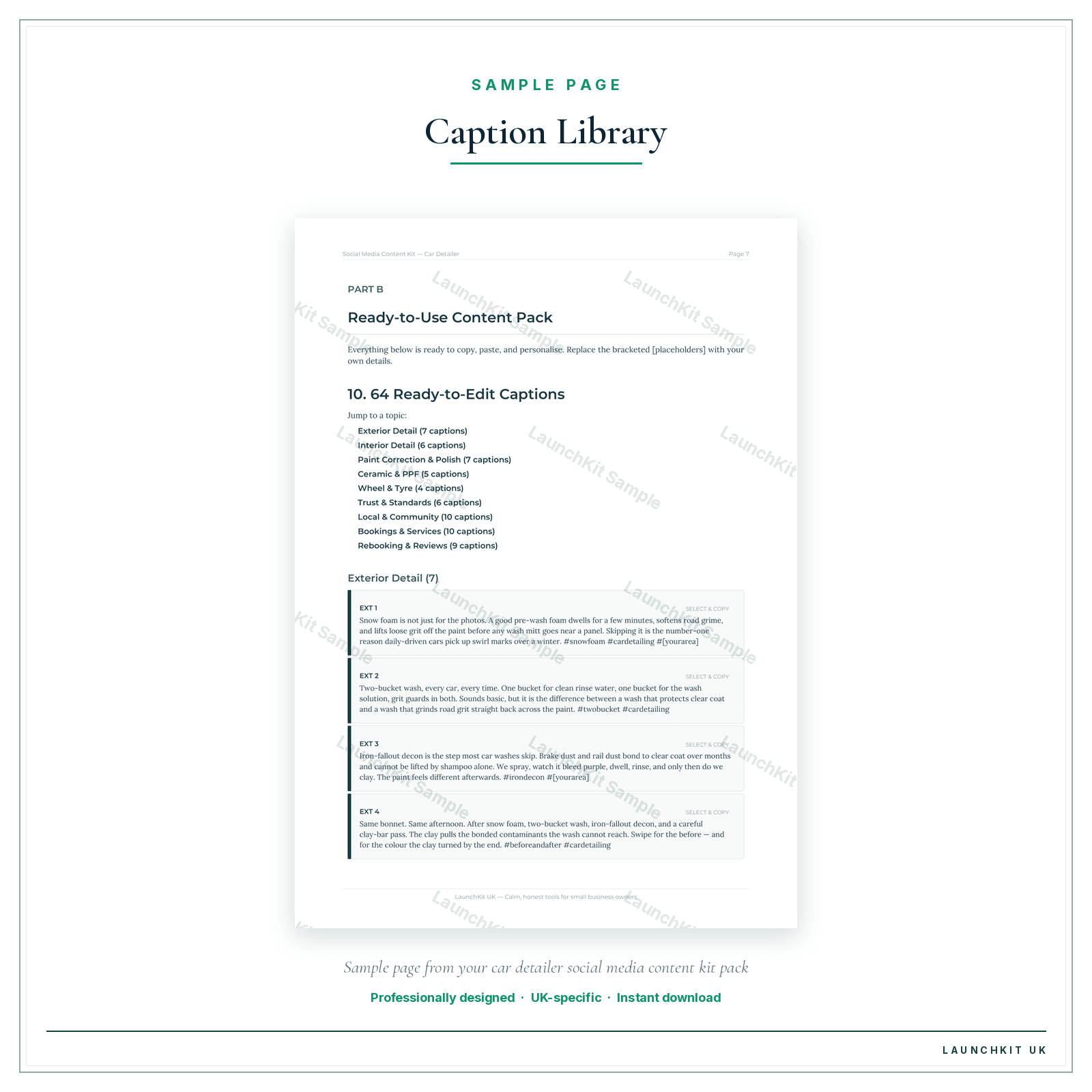 Caption Library sample page from the Car Detailer Social Media Content Kit pack — watermarked LaunchKit Sample