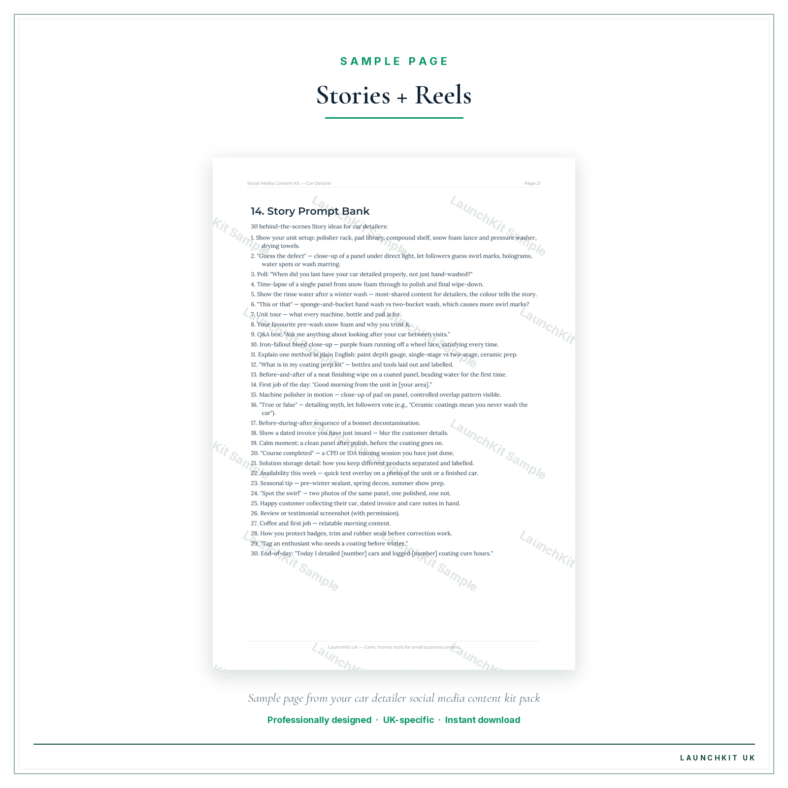Stories + Reels sample page from the Car Detailer Social Media Content Kit pack — watermarked LaunchKit Sample