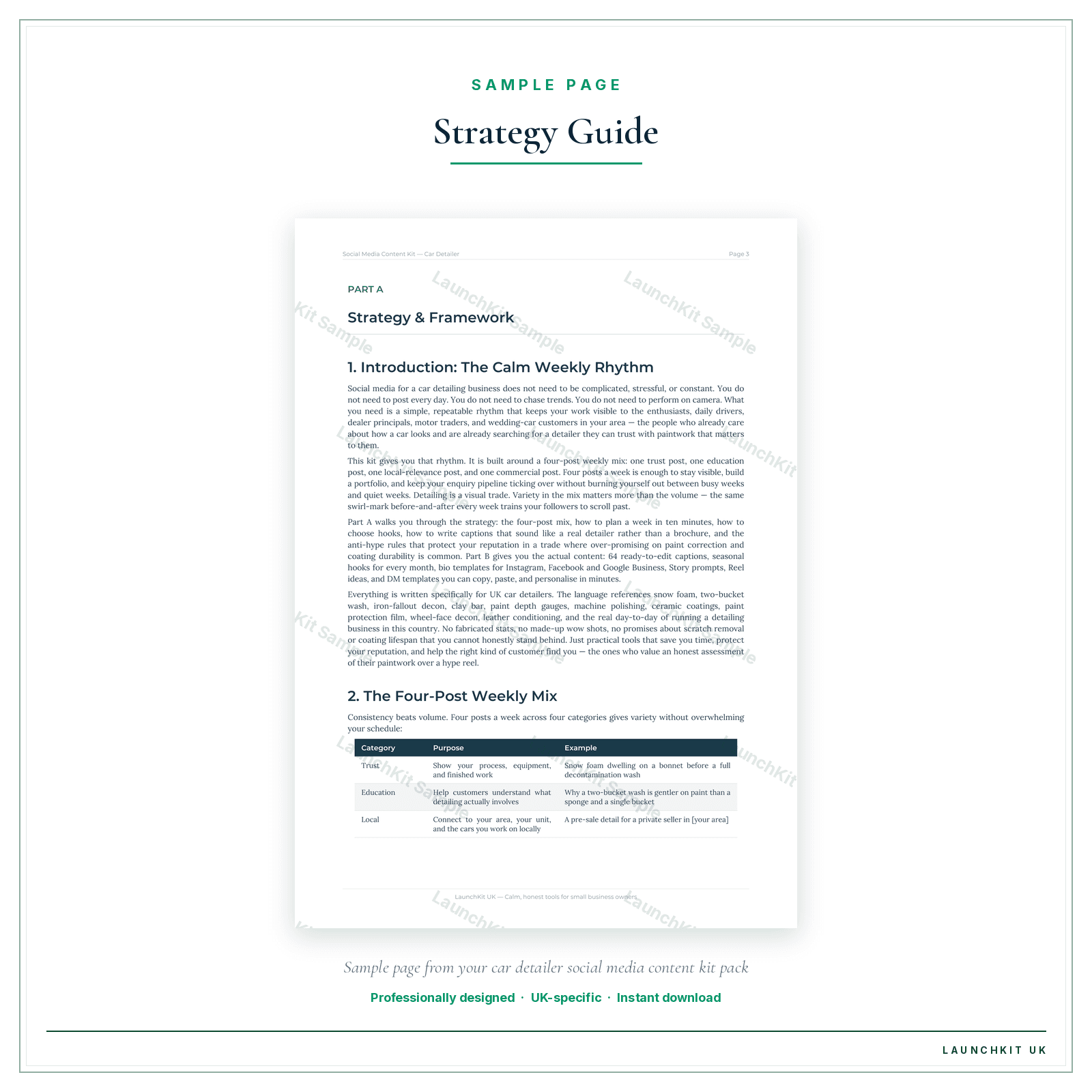 Strategy Guide sample page from the Car Detailer Social Media Content Kit pack — watermarked LaunchKit Sample