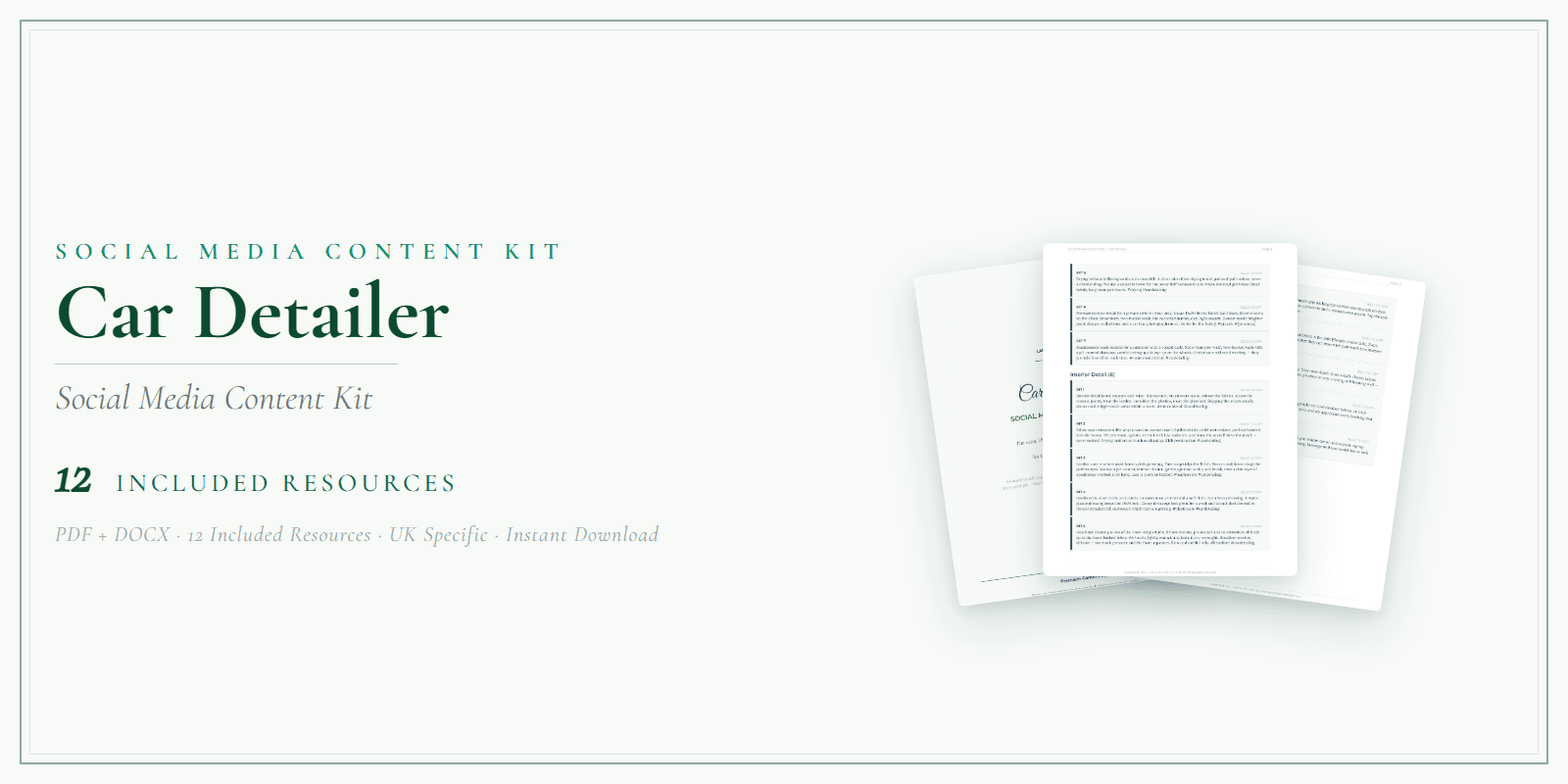 Car Detailer — Social Media Content Kit, PDF and editable DOCX product overview