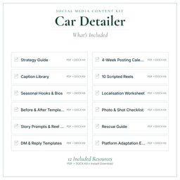 Car Detailer — Social Media Content Kit, PDF and editable DOCX what's included preview