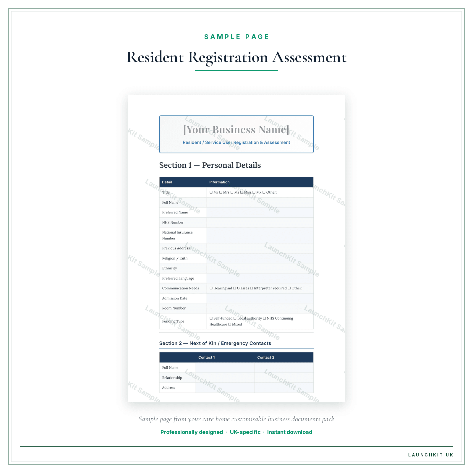 Resident / Service User Registration & Assessment sample page from the Care Home Business Documents — Customisable pack — watermarked LaunchKit Sample