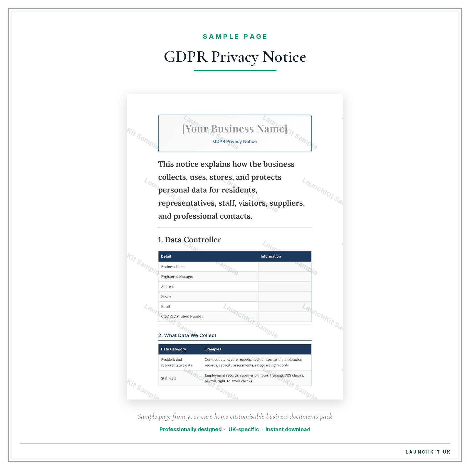 Tel: |-------------|-----------| sample page from the Care Home Business Documents — Customisable pack — watermarked LaunchKit Sample