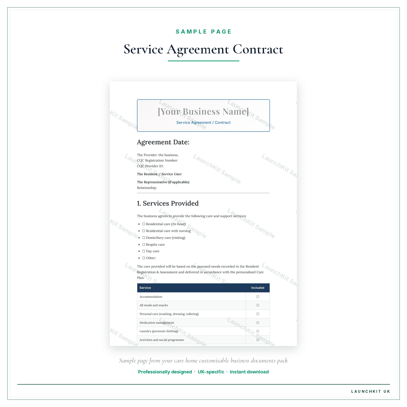 Service Agreement / Contract sample page from the Care Home Business Documents — Customisable pack — watermarked LaunchKit Sample